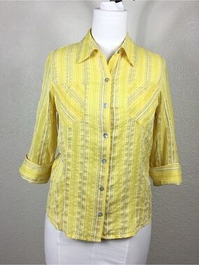 Women’s Yellow Striped Button-Up Shirt Chico’s size M